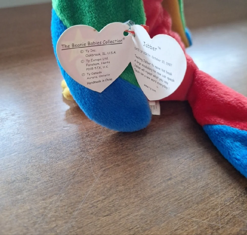 Jabber Ty Multicolor Parrot Plush - Red, Green, Blue, Yellow Beanie Baby, 90s